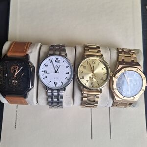 4 Men's Quartz Watches - Gold Tone, Brown Leather, Stainless Steel, Silver Tone